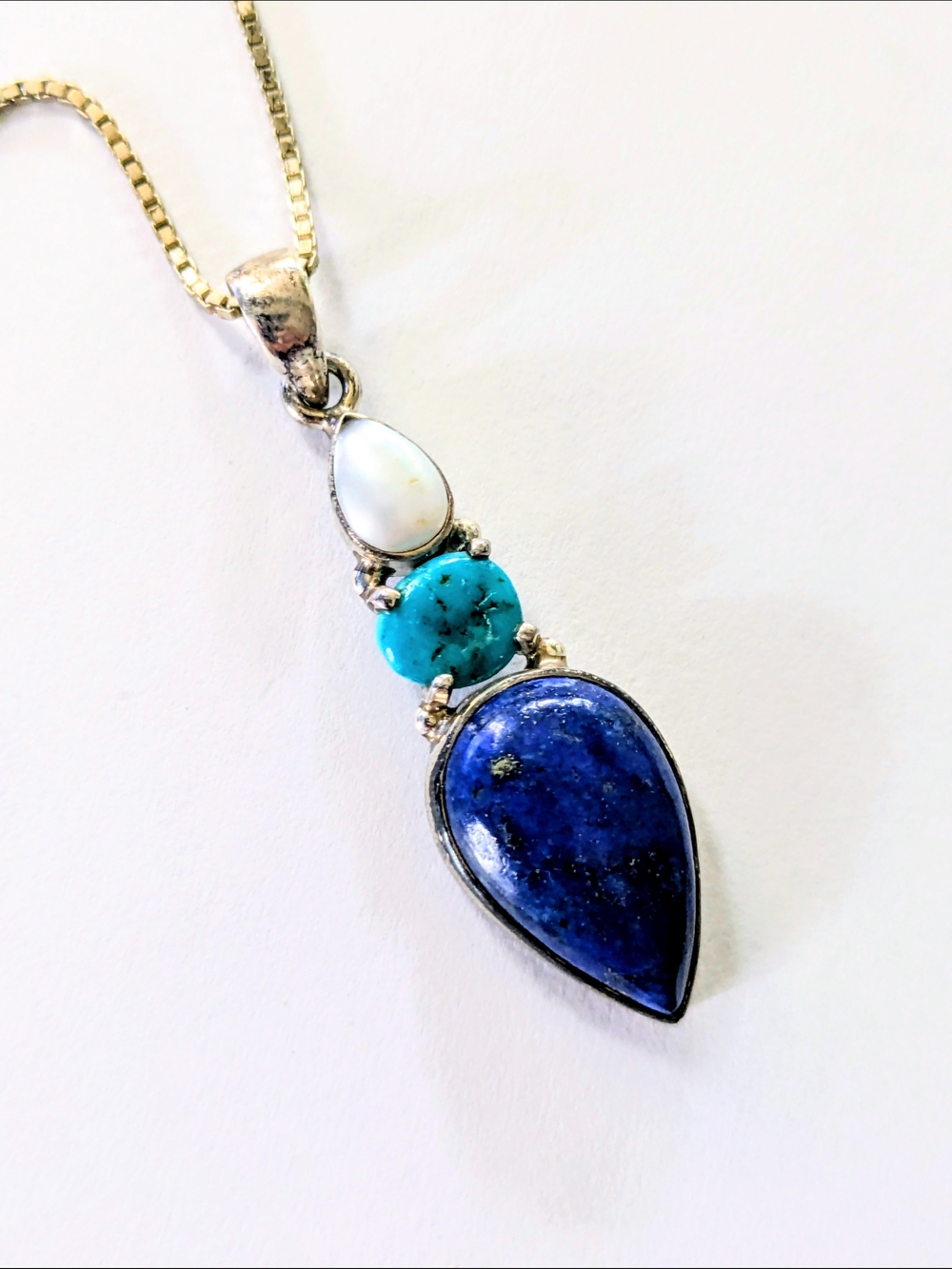 Sterling Silver Multi Gemstone Blue Lapis Pendant Chain Necklace